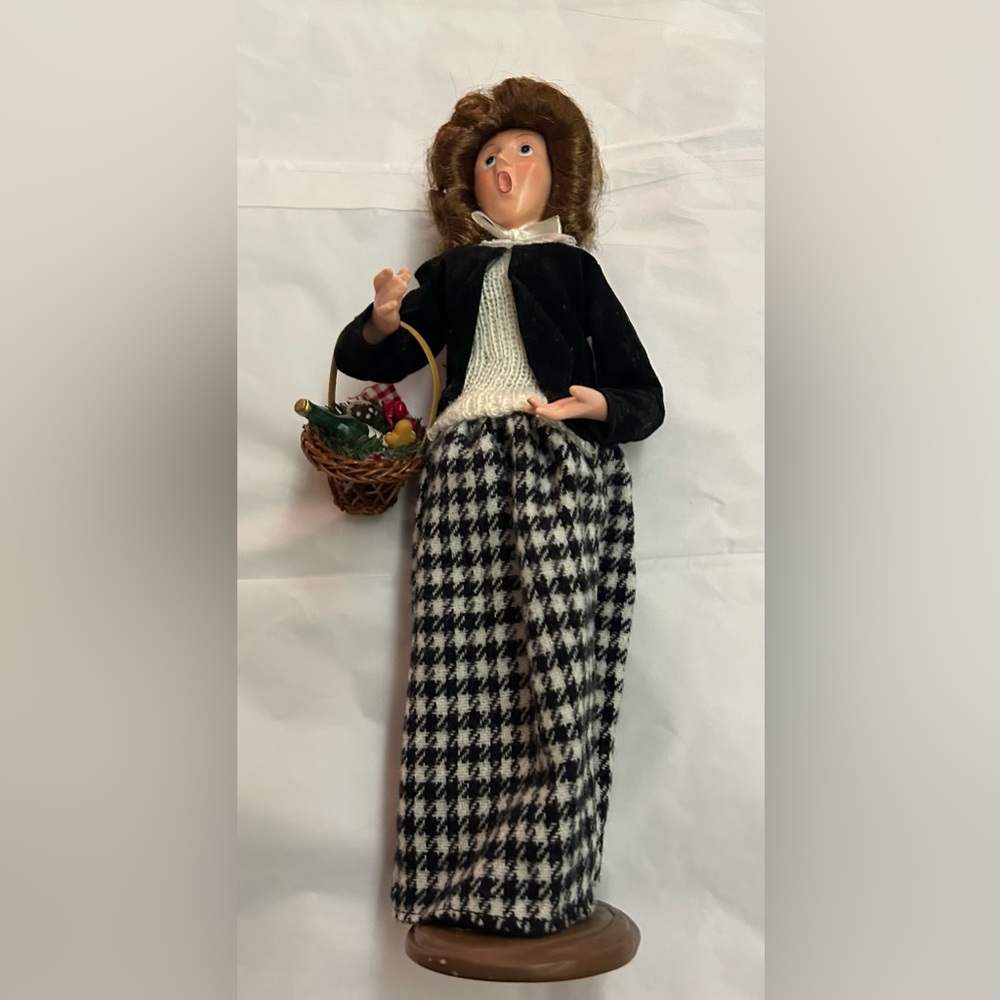 New Christmas Caroler Woman Carrying Food Basket 12 1/4" Tall 2 3/4" Base Lovely